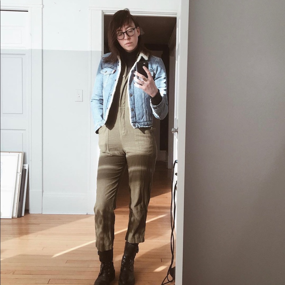 army olive green cotton military style coveralls jumpsuit cropped leg button up